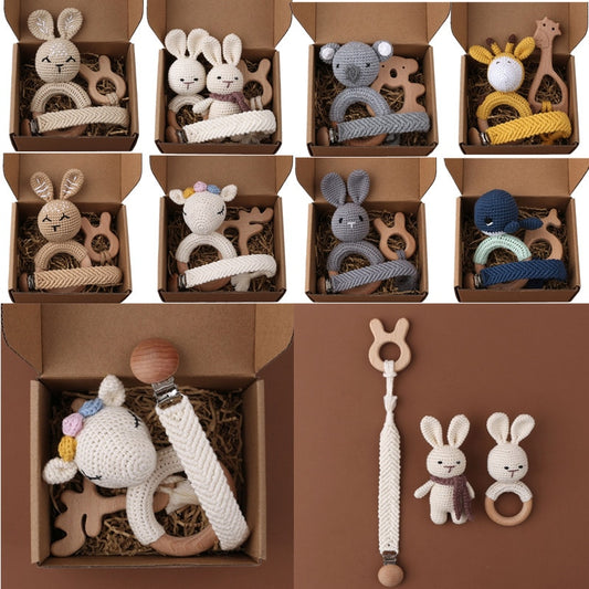 Crochet Rabbit Baby Teether | Wooden Toy Teething Ring, Pacifier Clips Chain Set