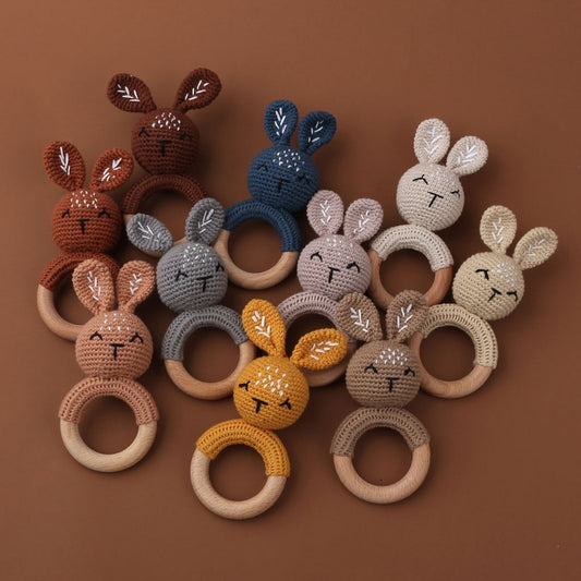 Wooden Crochet Bunny Rattle Toy BPA Free Wood Ring Baby Teether