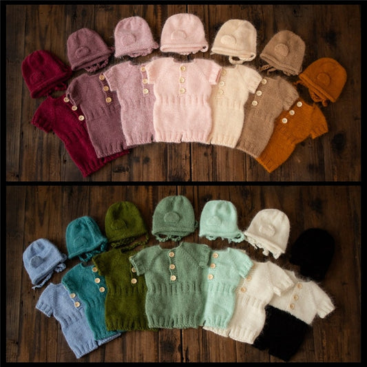 Newborn Photography Cute Bear Handmade Knitting Romper & Hat Outfit. 2pcs Studio Photo Prop