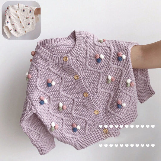 Autumn and winter single-breasted sweater solid color Girls cardigan round neck Purple & White sweater.